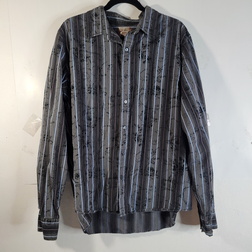 Mens Vintage Red Button Front Gray/light Blue Stripe Shirt Size XXL